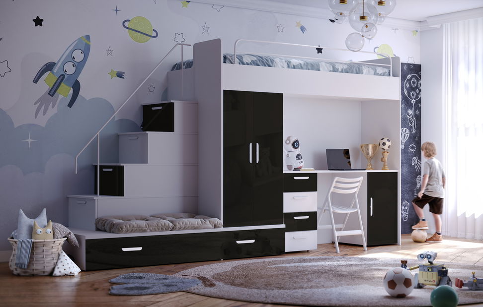 Dětská postel Ruby V (Bílá + Černá) (s rošty)