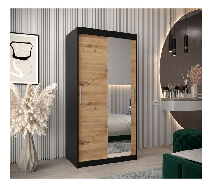 Šatní skříň 100 cm Toki 2 (Černá matná + Dub artisan)