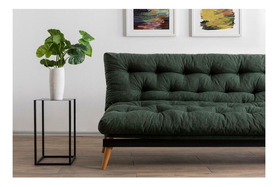 Rozkládací pohovka Sakotta (zelená + dřevo)