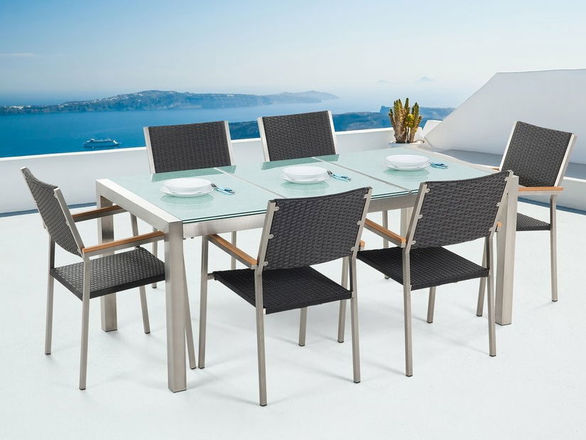 Zahradní jídelní sada Grosso (černá) (skleněná deska 180x90 cm) (ratanové židle) (žula)