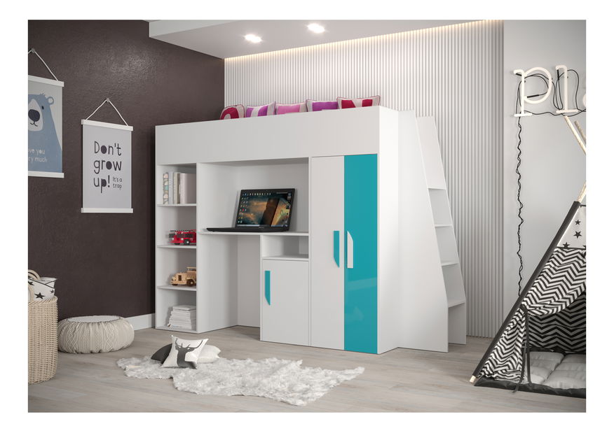 Dětská kombinovaná postel 90 cm Puro 15 (matná bílá + bílý lesk + tyrkysový lesk)