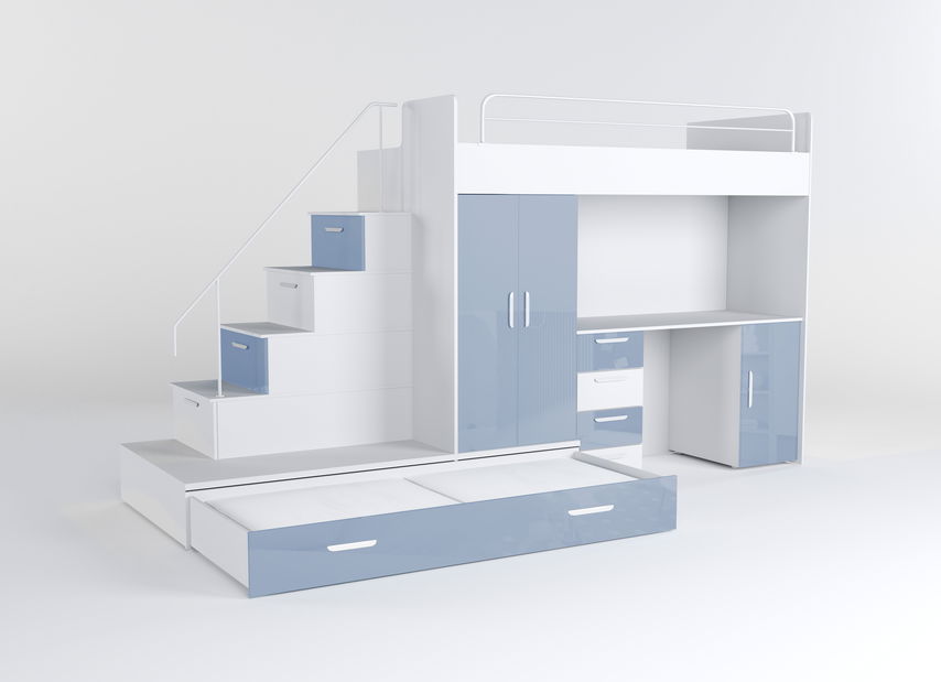 Dětská postel Ruby V (bílá + lesk světle modrý) (s rošty)