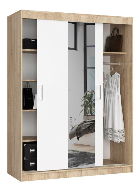Šatní skříň Clotilde (dub sonoma + bílá) (se zrcadlem)