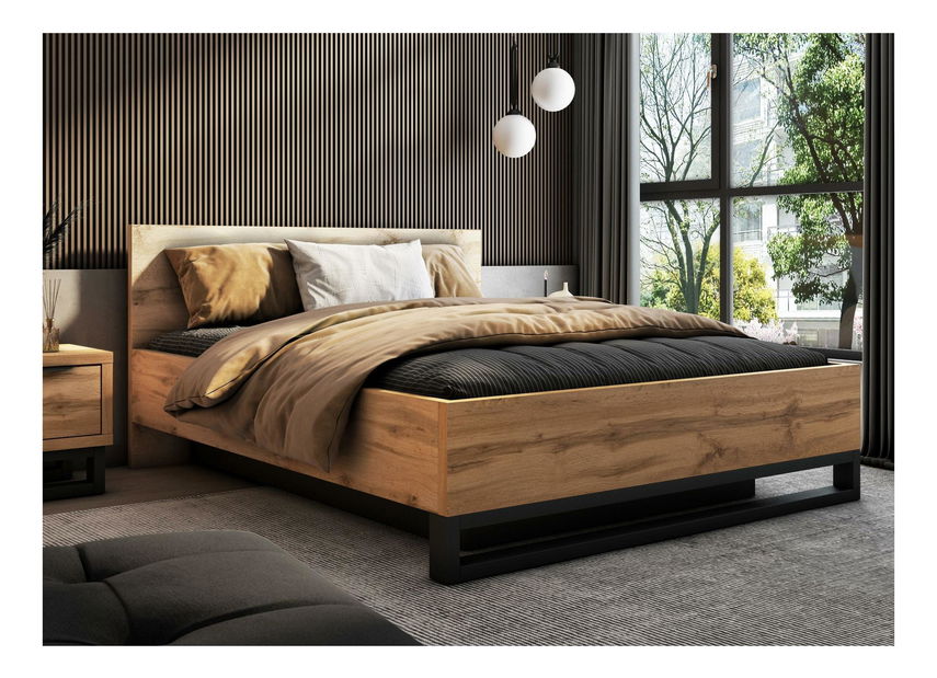 Manželská postel Helles 160 (dub wotan + černá) (s roštem) (s úložným prostorem)