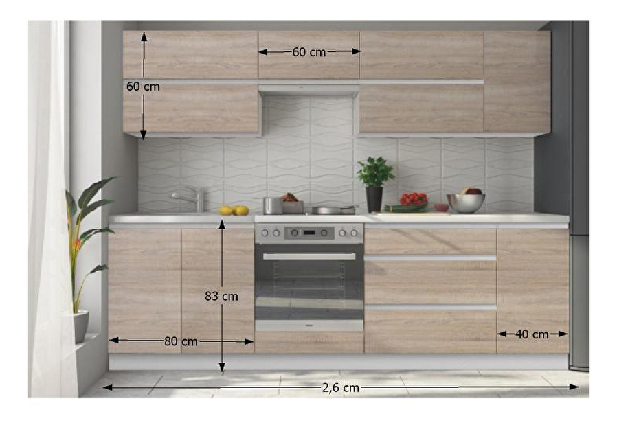 Kuchyně Lilouse 260 cm bílá + dub sonoma