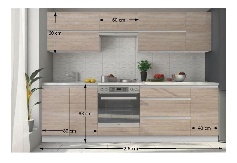 Kuchyně Lilouse 260 cm bílá + dub sonoma