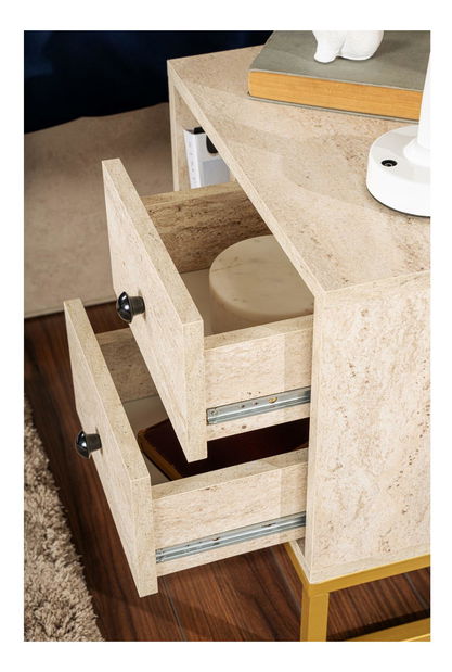 Noční stolek Glimarolla (travertin + zlatá)