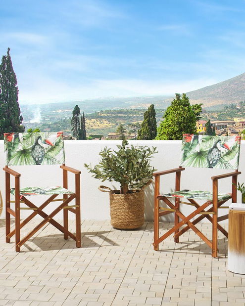 Set 2 ks zahradních lehátek s náhradními potahy Ciala (tmavé akáciové dřevo + vzor tukanů)