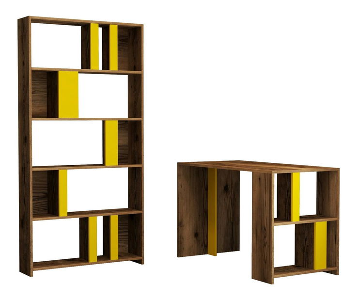PC stolek s regálem Limba (ořech + žlutá)