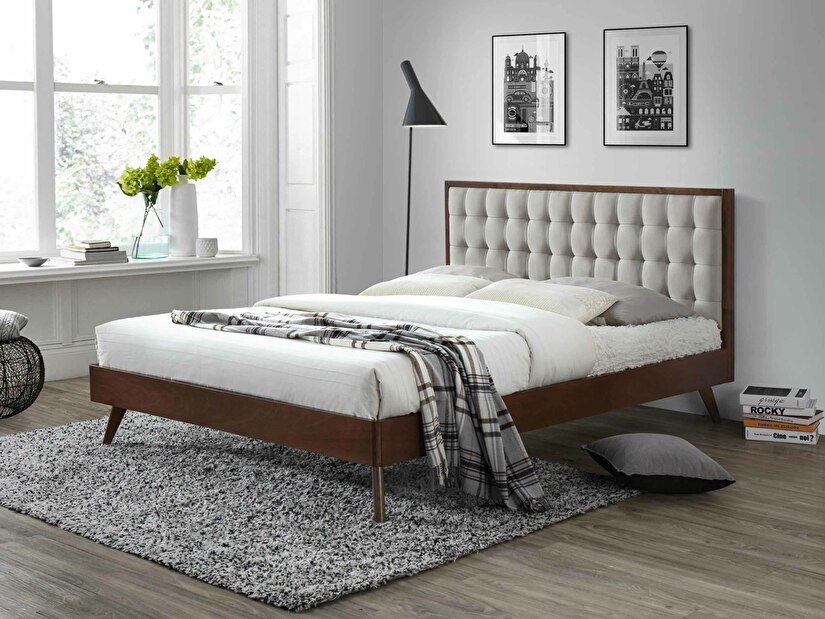 Manželská postel Sook (tmavé dřevo + světle šedá)