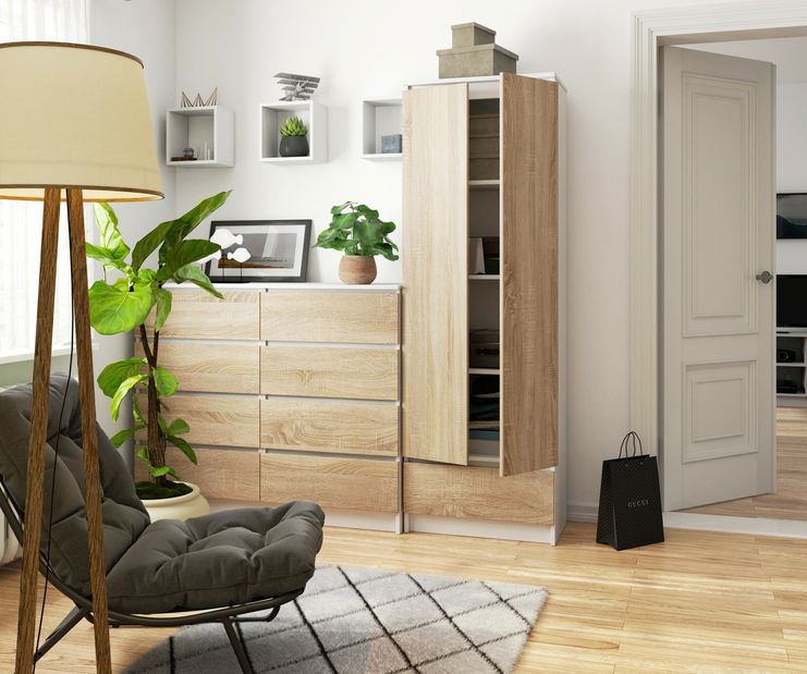 Policová skříň Renzo (bílá + dub sonoma)