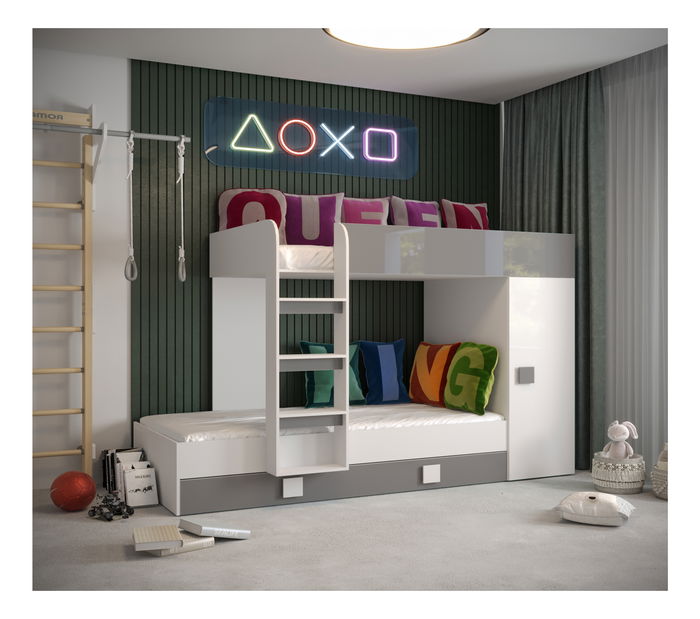 Dětská kombinovaná postel 90 cm Toreno 2 (bílá + bílý lesk + šedý lesk)