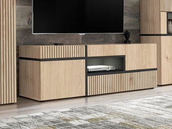 Tv stolek/skříňka Carlyn (hikora jackson + černá) (s LED osvětlením)