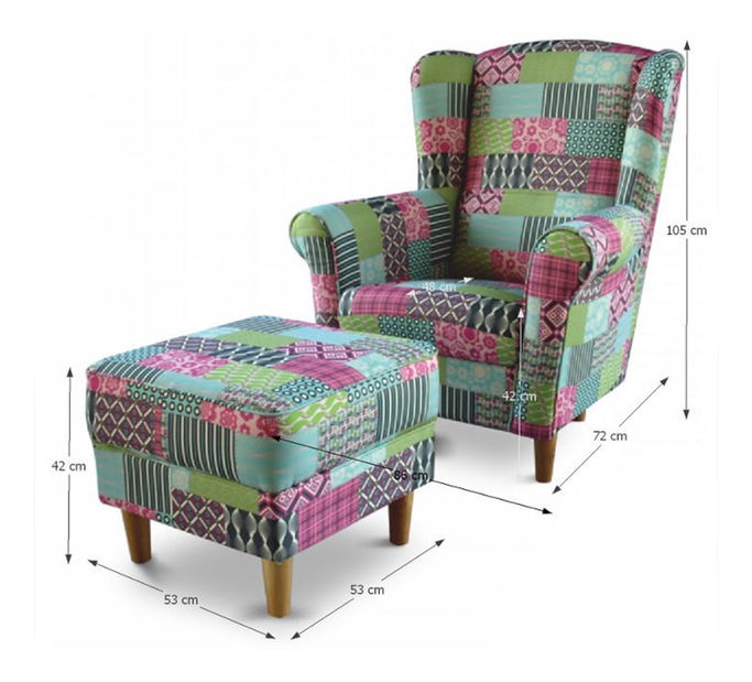 Křeslo ušák s taburetem Aevo patchwork M1