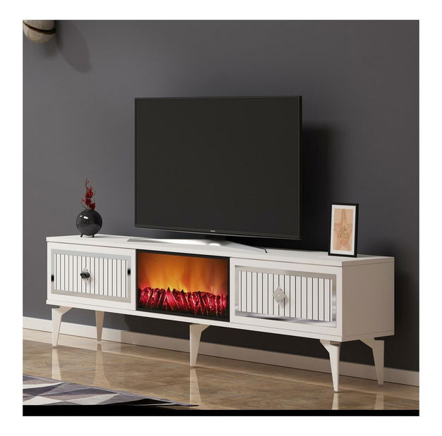 TV stolek/skříňka s krbem Kebive (bílá + stříbrná)