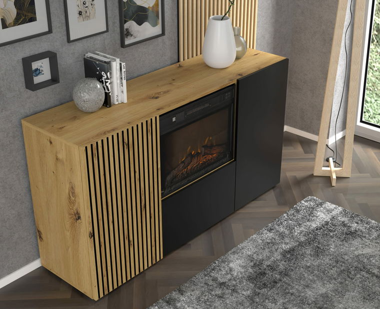Skříňka s krbem Aurella (černá + dub artisan)
