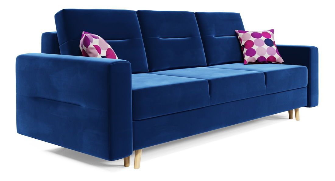 Rozkládací pohovka Bergenia (modrá + růžové polštáře)