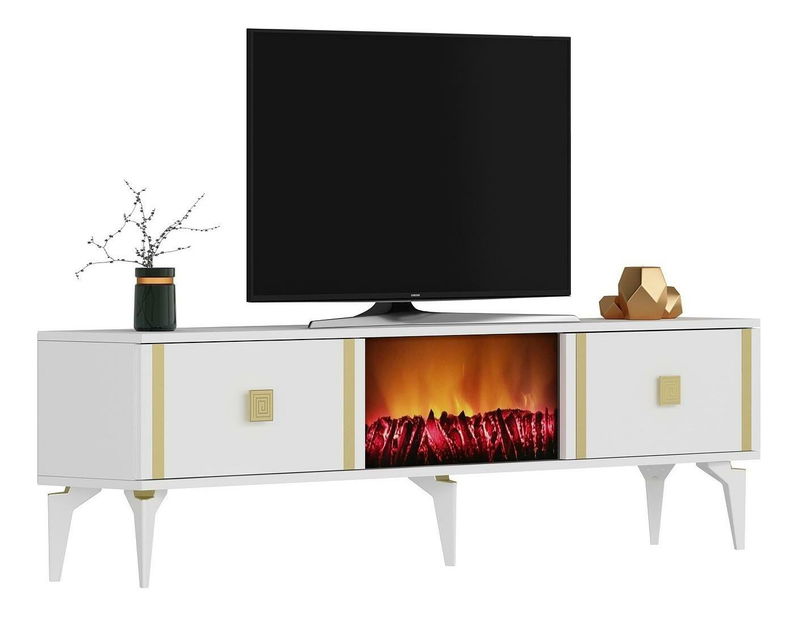 TV stolek/skříňka s krbem Tobuvu 2 (bílá + zlatá)