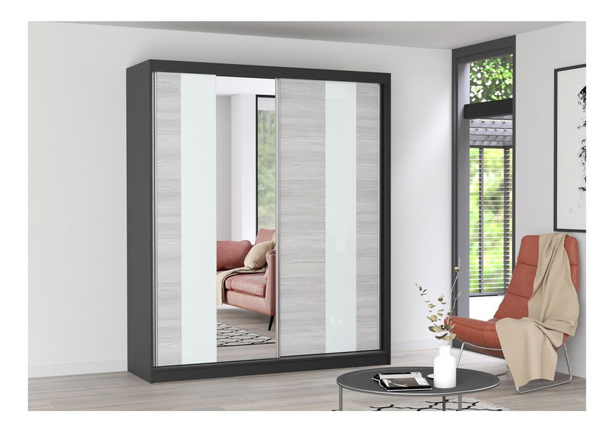 Šatní skříň Mebur 32 180 (černá + kathult + bílé sklo + zrcadlo)