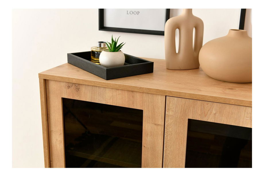 Vitrína Calvinetta (dub + černá + kouřové sklo)