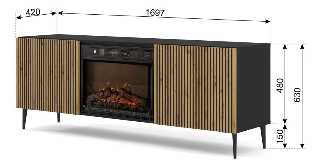 TV skříňka/stolek s elektrickým krbem FPB 2D 170 C Rowanna (dub artisan + černá)