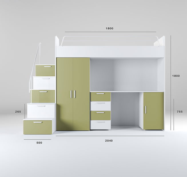Dětská postel Ruby IV S (bílá + olivová zelená) (s rošty)