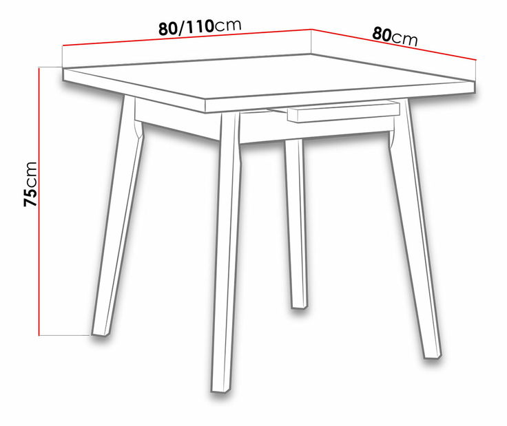 Rozkládací čtvercový stůl Harry 80 x 80+110 IL (bílá L) (černá)
