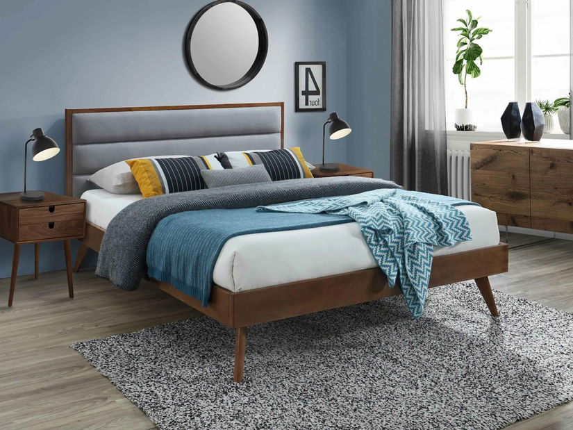 Manželská postel Orname (tmavé dřevo + šedá)