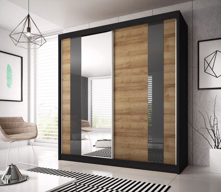 Šatní skříň Mebur 39 200 (černá + dub riviera zlatý + grafit sklo + zrcadlo)