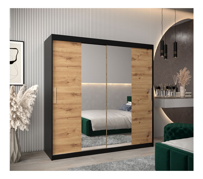 Šatní skříň 200 cm Toki 1 (Černá matná + Dub artisan)