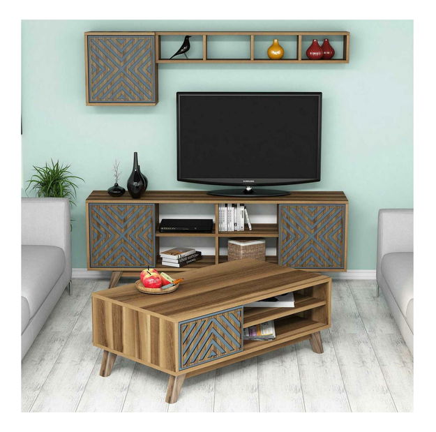 Sestava nábytku do obývacího pokoje Inge (ořech + modrá)