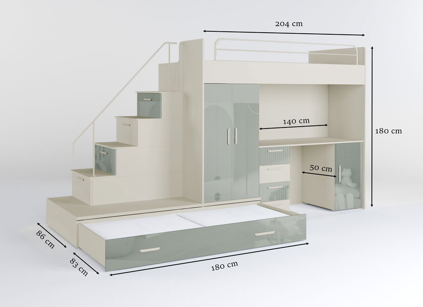 Dětská postel Ruby V (kašmír + lesk mátový) (s rošty)