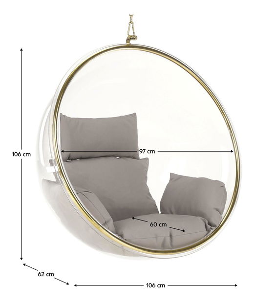 Závěsné houpací křeslo Belgica 1 (transparentní + zlatá + šedá)