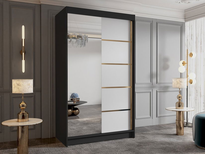 Šatní skříň s posuvnými dveřmi Monata III 100 (černá + bílá + zlatá) (se zrcadlem)