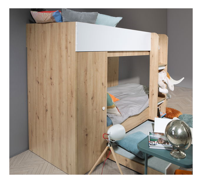 Dětská kombinovaná postel 90 cm Sami 2 (dub artisan + matná bílá + černá madla)