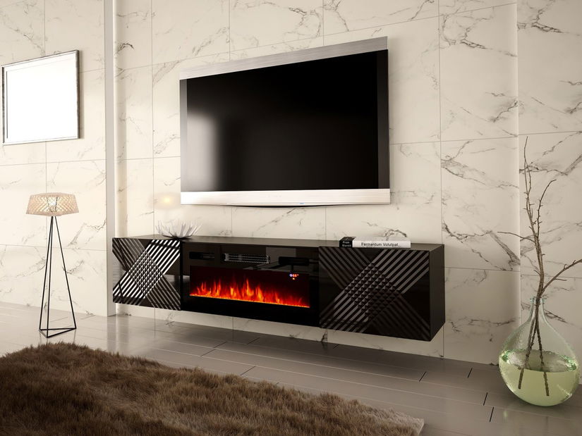 TV skříňka/stolek s elektrickým krbem Madrealla 2D (černá + černá lesklá)