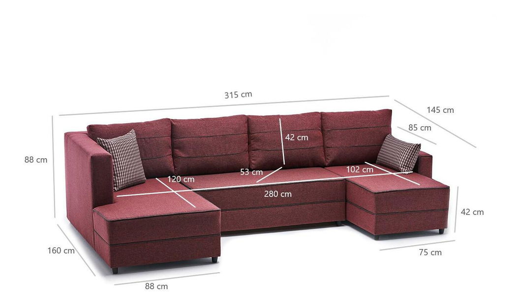 Rohová sedačka ve tvaru U Emilie (s úl. prostorem) (červená)