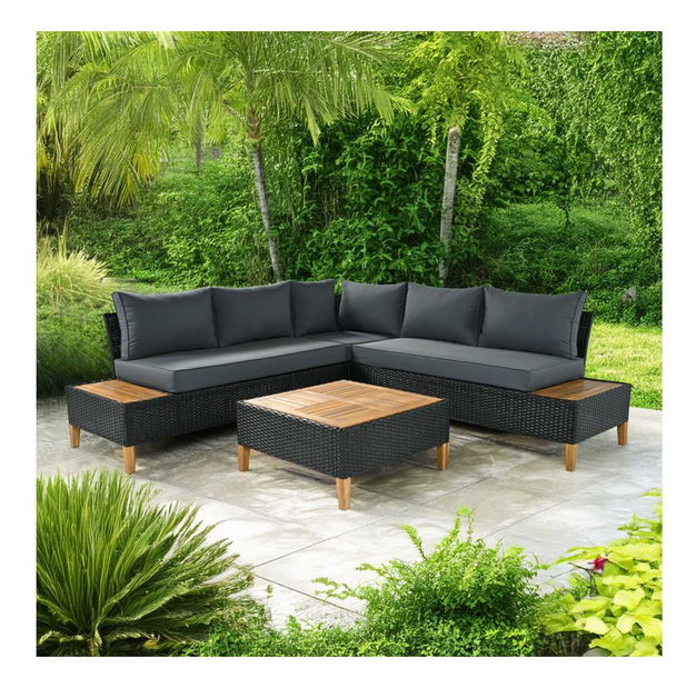 Zahradní ratanový set Malcolm (černá + šedá + přírodní)