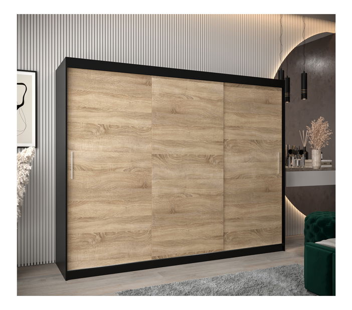 Šatní skříň 250 cm Toki (Černá matná + Dub sonoma)