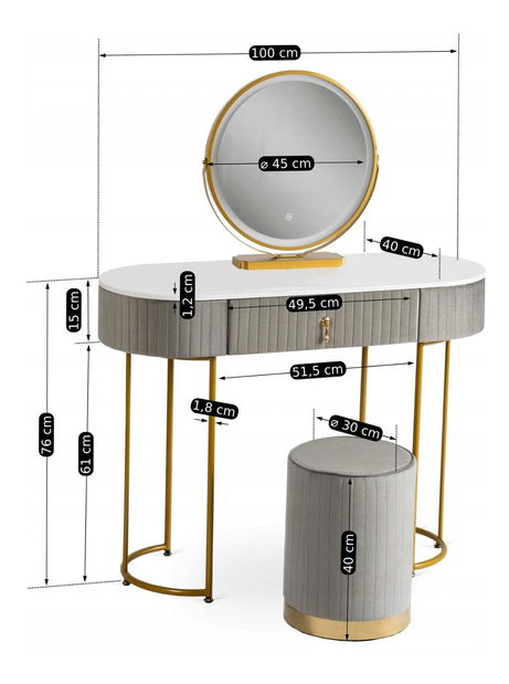 Toaletní stolek Afecto (šedá + zlatá) (s taburetkou a LED zrcadlem)