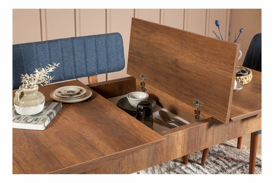 Jídelní set Vlasta 1 (ořech + tmavě modrá) (pro 4 osoby)