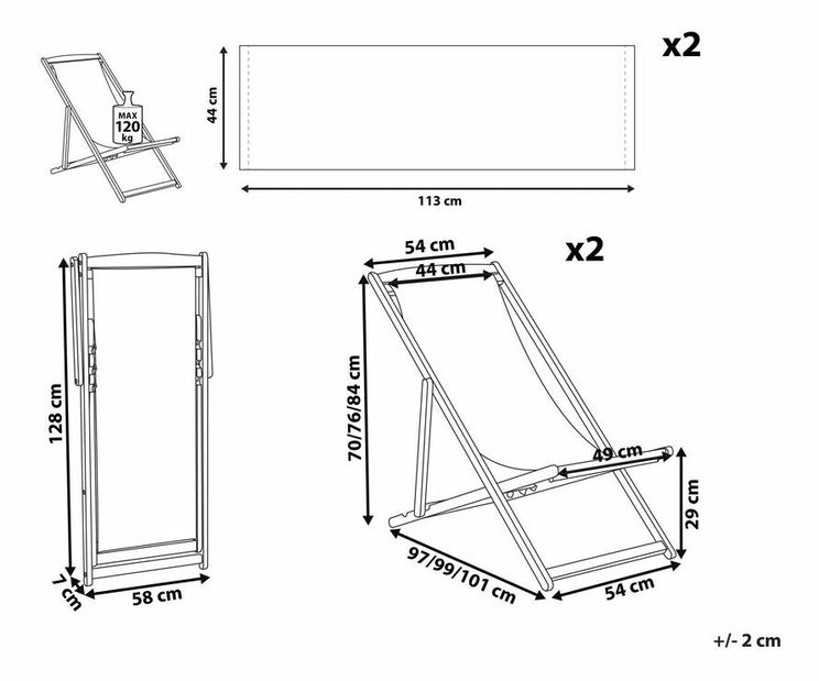 Set 2 ks zahradních lehátek s náhradními potahy Antio (světlé dřevo + vícebarevná)