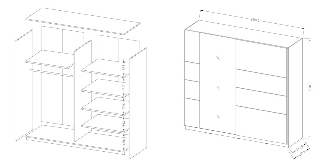 Šatní skříň Benson Typ 57 (bílá + lesk bílý + zrcadlo)