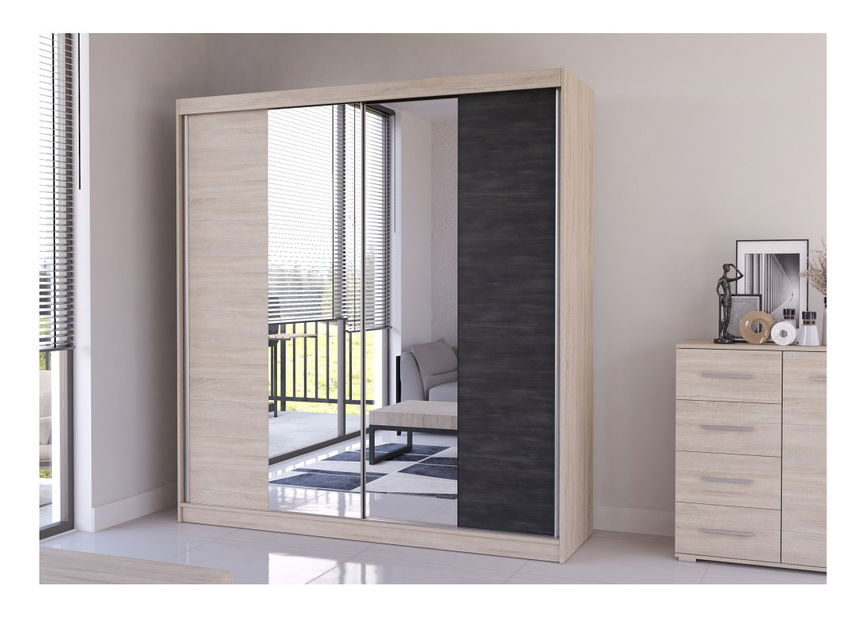 Šatní skříň Wisteria (dub sonoma + borovice černá norská + zrcadlo)