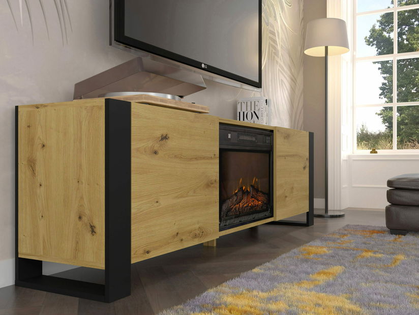 TV skříňka/stolek s krbem Montana (dub artisan + černá)