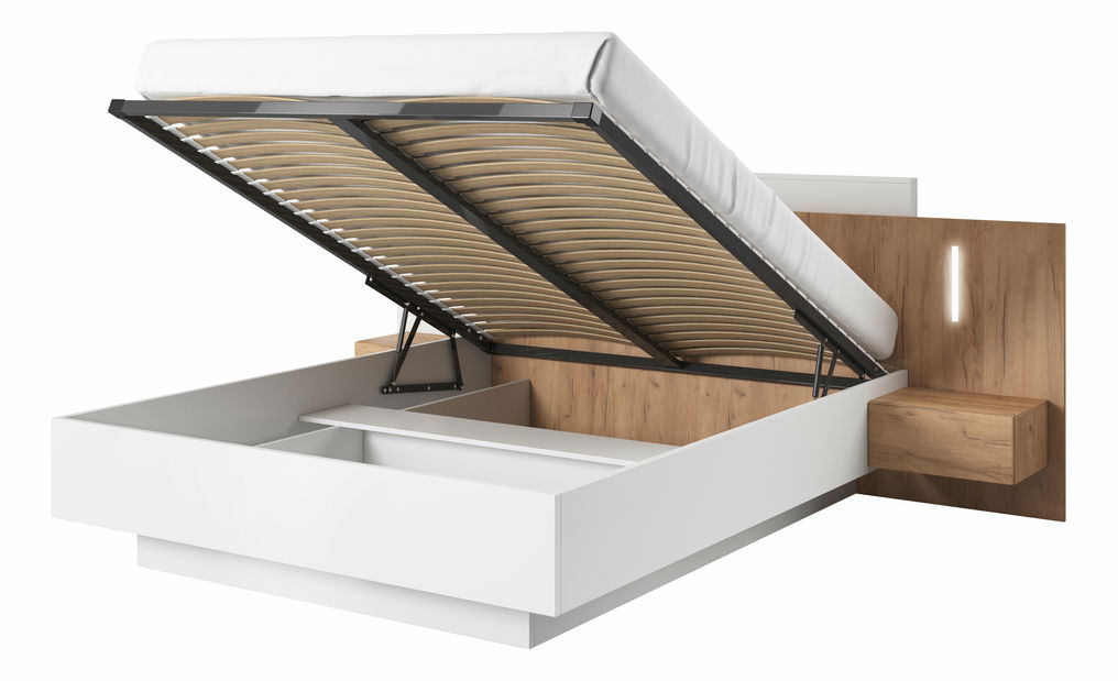 Manželská postel 160 cm s nočními stolky Three (s úložným prostorem) (s osvětlením) (dub craft zlatý + bílá)