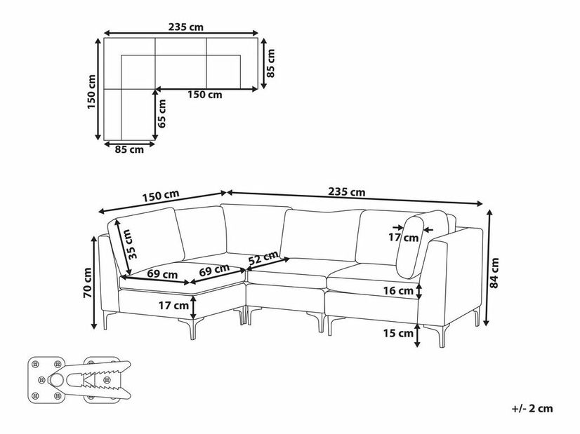 Rohová sedací souprava Eldridge (sametově modrá) (P)