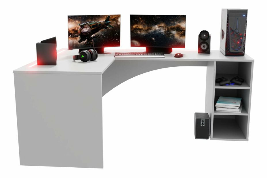 Rohový herní pc stůl Carbon (bílá) (L) (s RGB LED osvětlením)