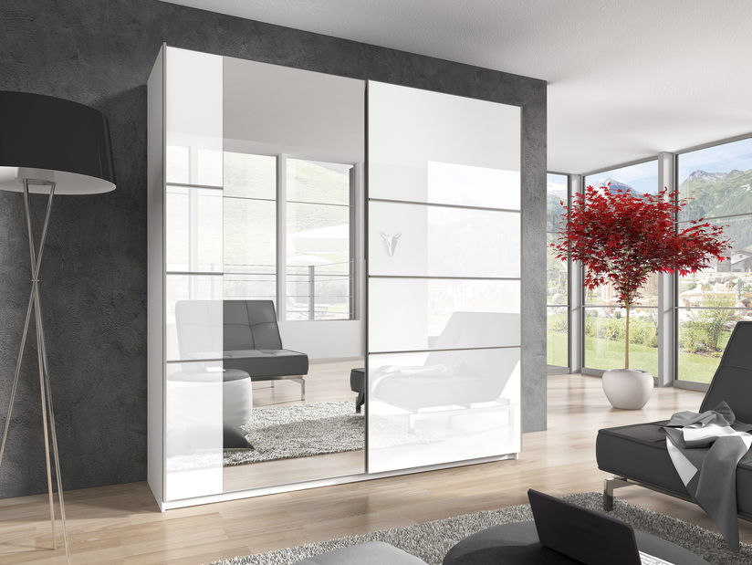 Šatní skříň Benson Typ 57 (bílá + lesk bílý + zrcadlo)