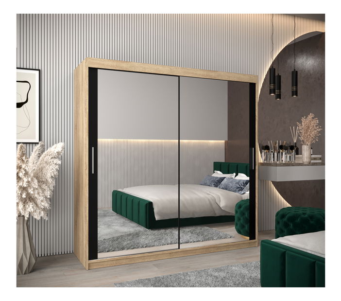 Šatní skříň 200 cm Toki 3 (Dub sonoma + Černá matná)